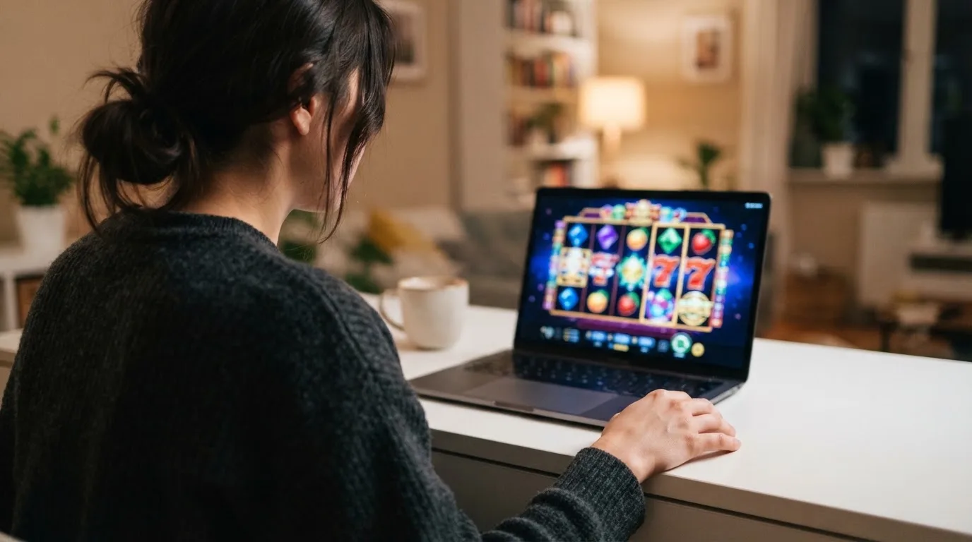 Person am Laptop liest eine Übersichtsseite zu Glücksspielen im Internet — 10 euro bonus ohne einzahlung casino