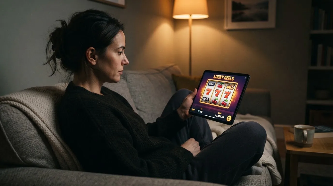 Person sitzt entspannt auf einem Sofa und blickt konzentriert auf ein Tablet in gedämpftem Wohnzimmerlicht am Abend.