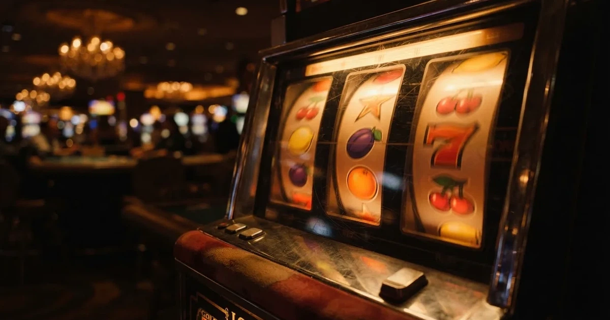 Nahaufnahme bunt beleuchteter Spielautomaten-Walzen mit Frucht- und Stern-Symbolen in einem dunklen Casino-Saal.