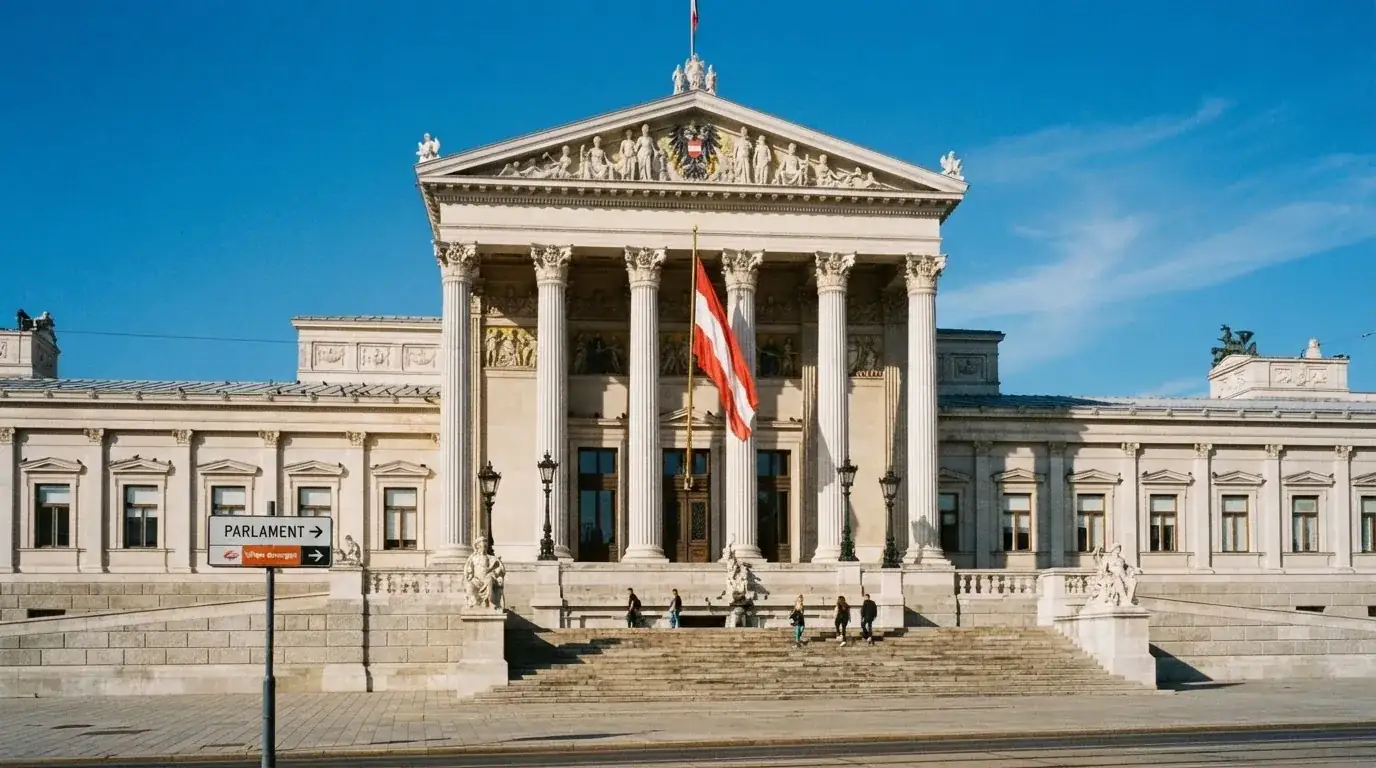 Fassade eines klassizistischen Wiener Amtsgebäudes mit österreichischer Flagge an einem klaren Nachmittag.