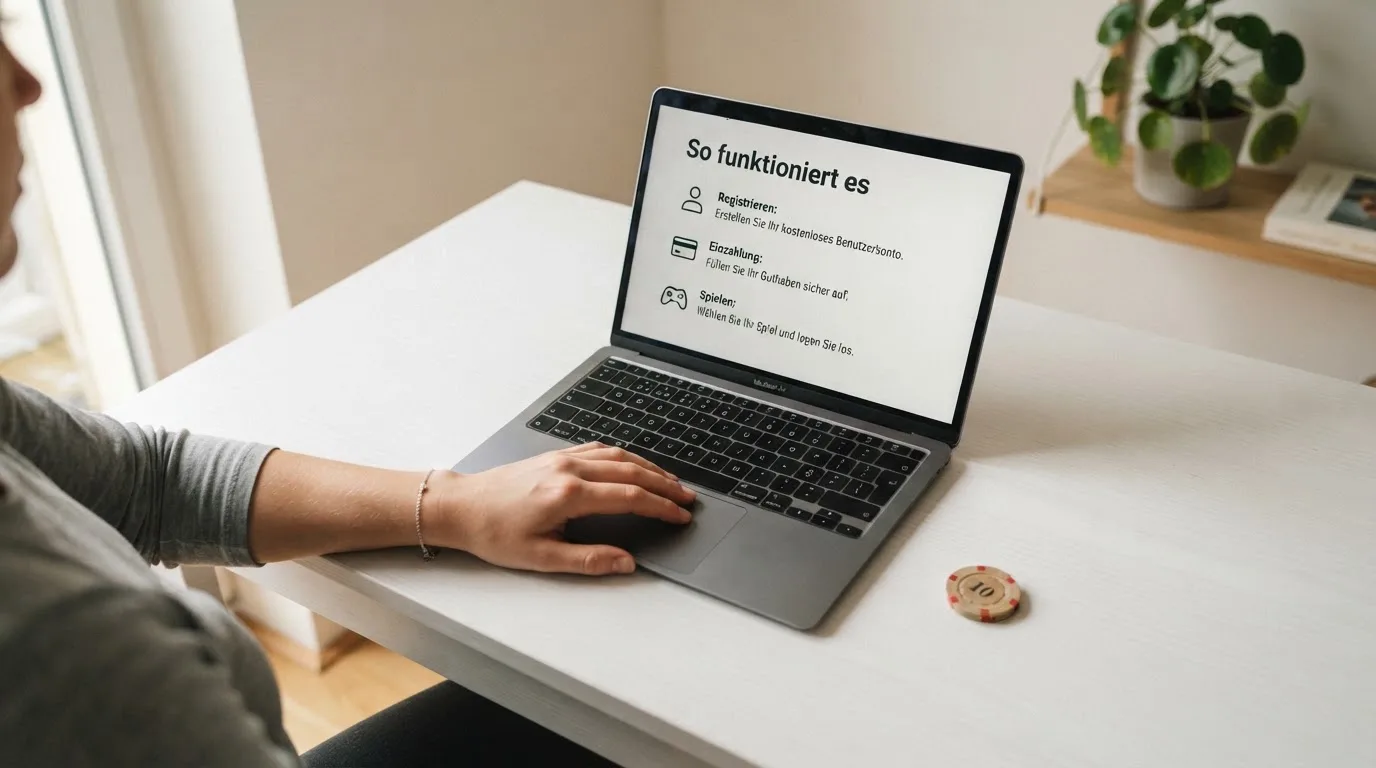 Person am Laptop liest eine Übersichtsseite zu Glücksspielen im Internet — 15 euro bonus ohne einzahlung casino