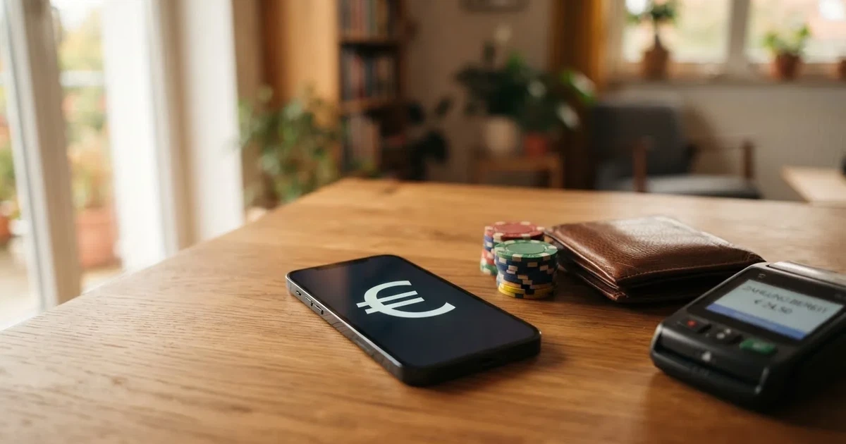 Kartenterminal und Smartphone auf einem Holztisch neben einer Geldbörse — 15 euro bonus ohne einzahlung casino