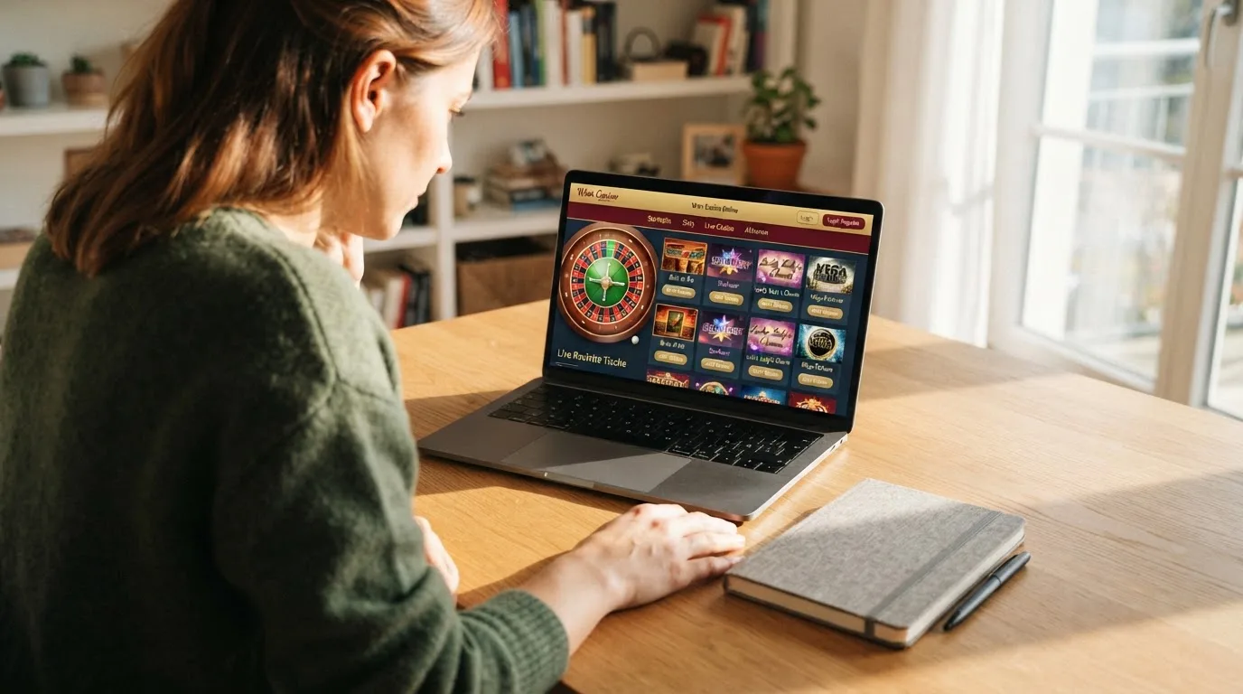 Person am Laptop liest eine Übersichtsseite zu Glücksspielen im Internet — 150 freispiele ohne einzahlung