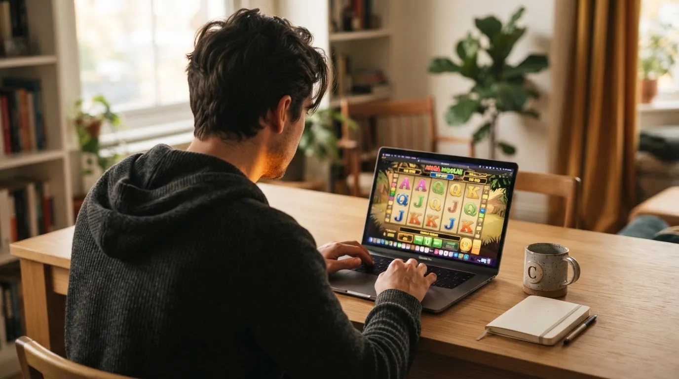 Person am Laptop liest eine Übersichtsseite zu Glücksspielen im Internet — 20 euro bonus ohne einzahlung casino