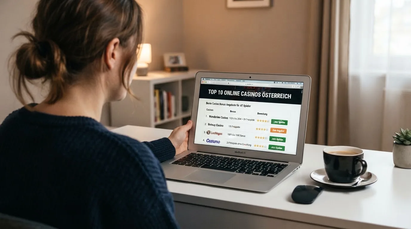 Person am Laptop liest eine Übersichtsseite zu Glücksspielen im Internet — 30 euro bonus ohne einzahlung casino