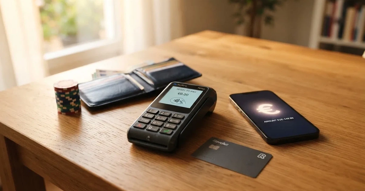Kartenterminal und Smartphone auf einem Holztisch neben einer Geldbörse — 30 euro bonus ohne einzahlung casino