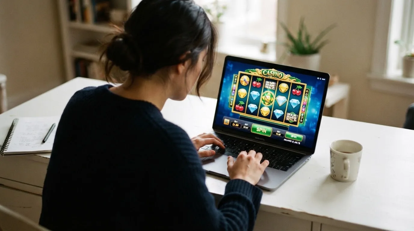 Person am Laptop liest eine Übersichtsseite zu Glücksspielen im Internet — 40 euro bonus ohne einzahlung casino