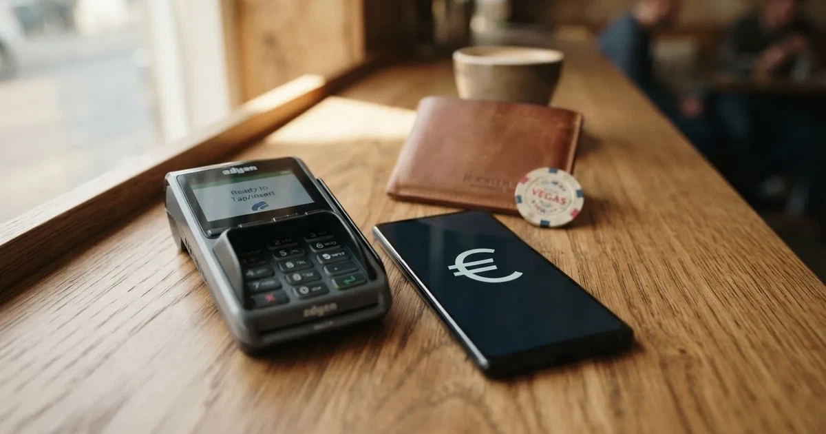 Kartenterminal und Smartphone auf einem Holztisch neben einer Geldbörse — 40 euro bonus ohne einzahlung casino