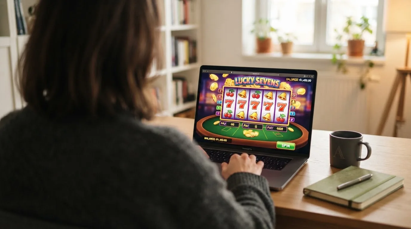Person am Laptop liest eine Übersichtsseite zu Glücksspielen im Internet — 5 euro bonus ohne einzahlung casino