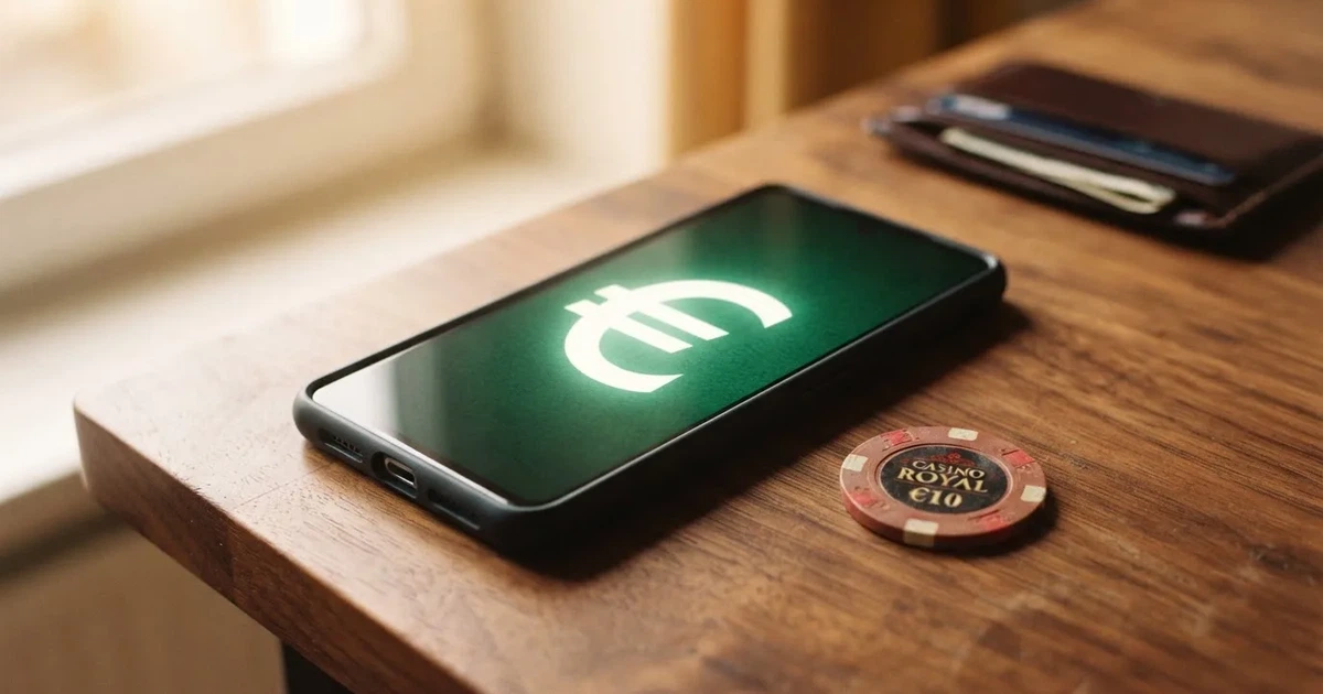 Kartenterminal und Smartphone auf einem Holztisch neben einer Geldbörse — 5 euro bonus ohne einzahlung casino