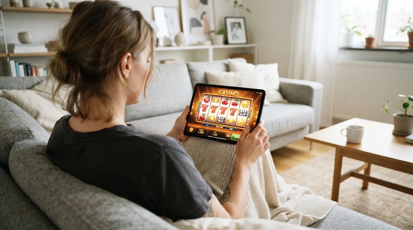 Person sitzt entspannt mit einem Tablet auf dem Schoß in einem hellen Wohnzimmer und blickt konzentriert auf den Bildschirm.