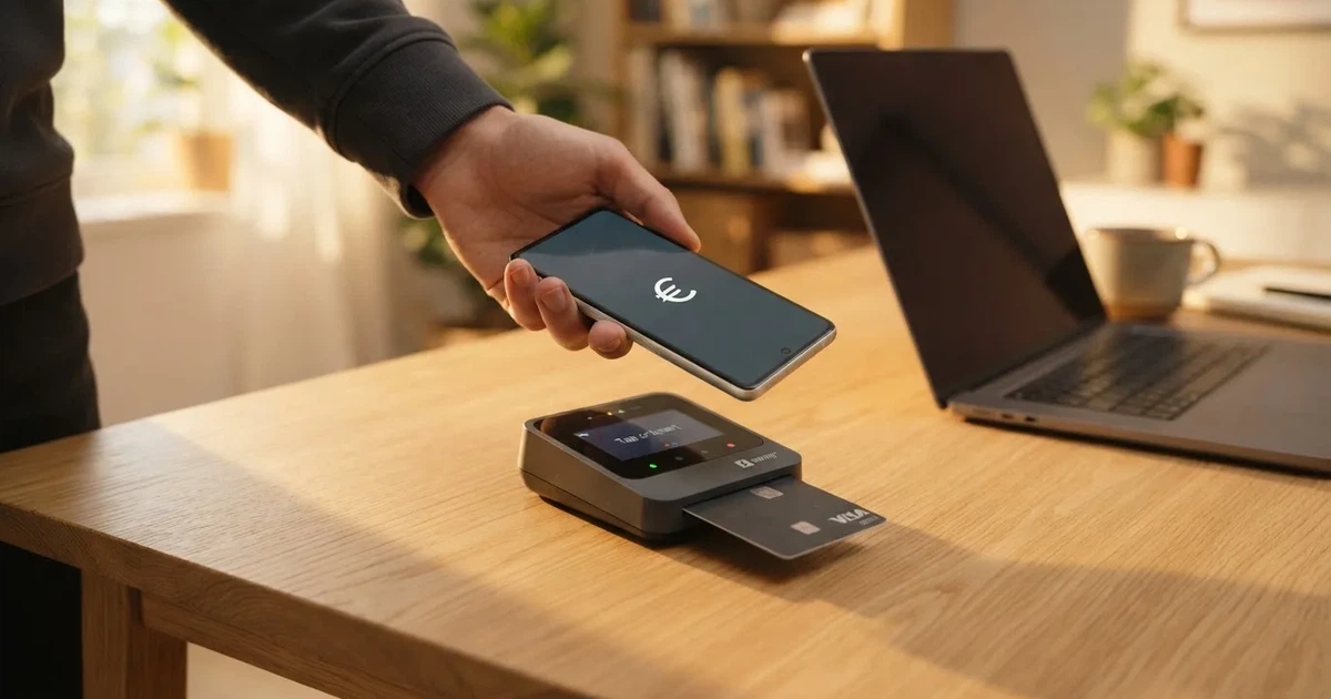 Nahaufnahme einer Hand, die eine Bankkarte in ein Kartenlesegerät neben einem Laptop auf einem Holztisch steckt.