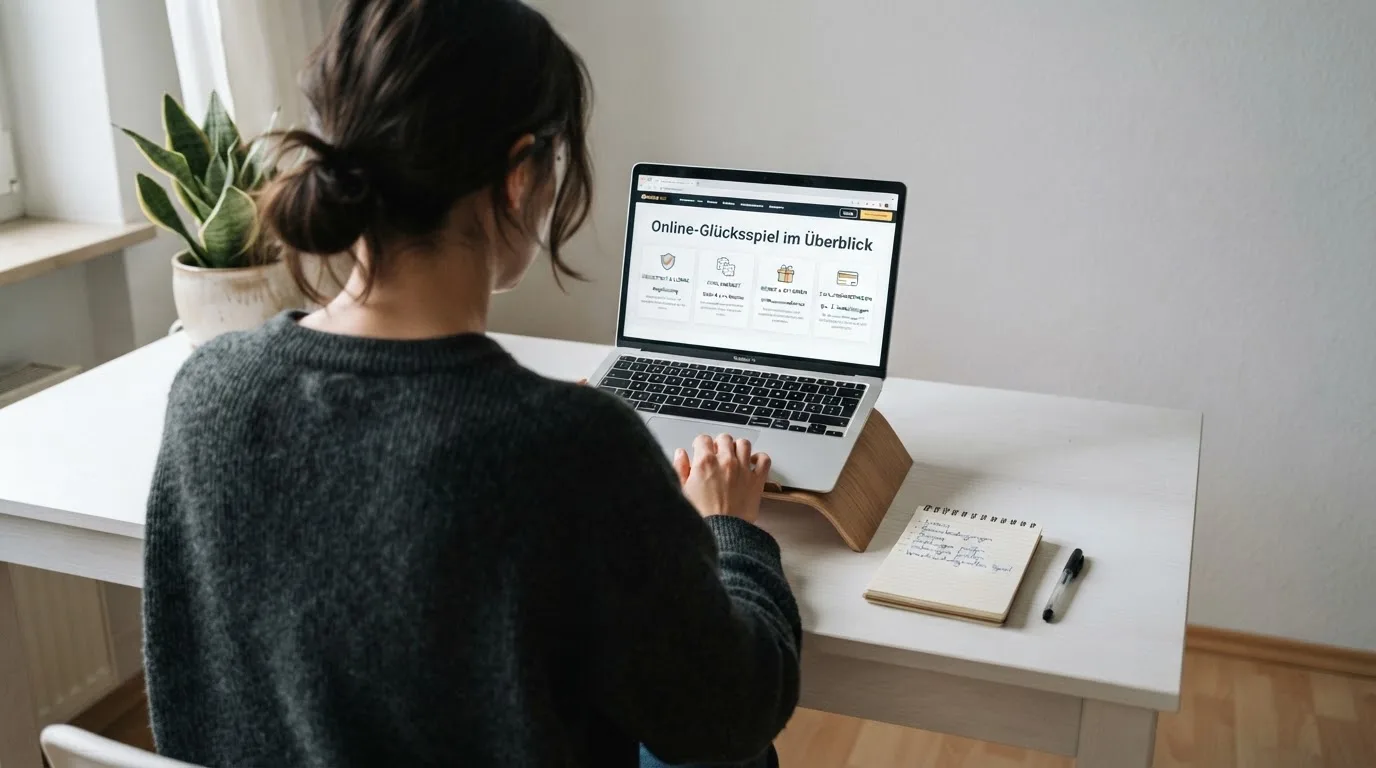 Person am Laptop liest eine Übersichtsseite zu Glücksspielen im Internet — best crypto casino österreich