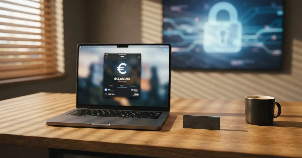 Hardware-Wallet und Laptop auf einem Schreibtisch mit stilisiertem digitalem Schloss — best crypto casino österreich