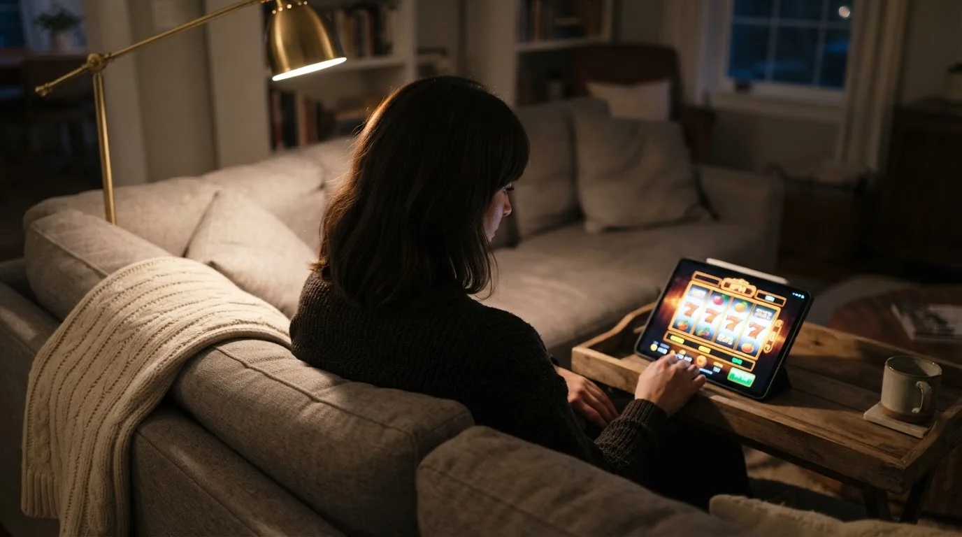 Person sitzt entspannt auf einem Sofa und blickt konzentriert auf ein Tablet in gedämpftem Wohnzimmerlicht am Abend.