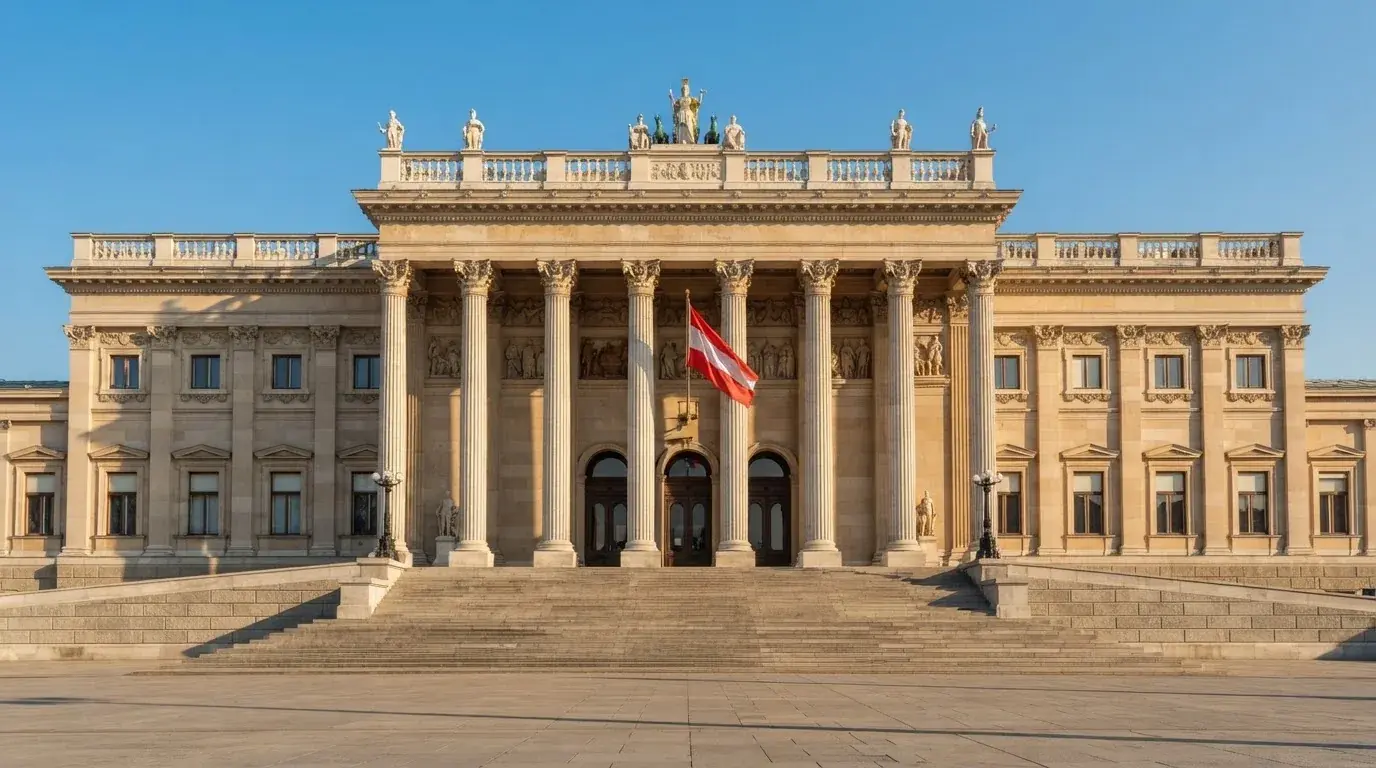 Fassade eines klassizistischen Wiener Amtsgebäudes mit österreichischer Flagge an einem klaren Nachmittag.