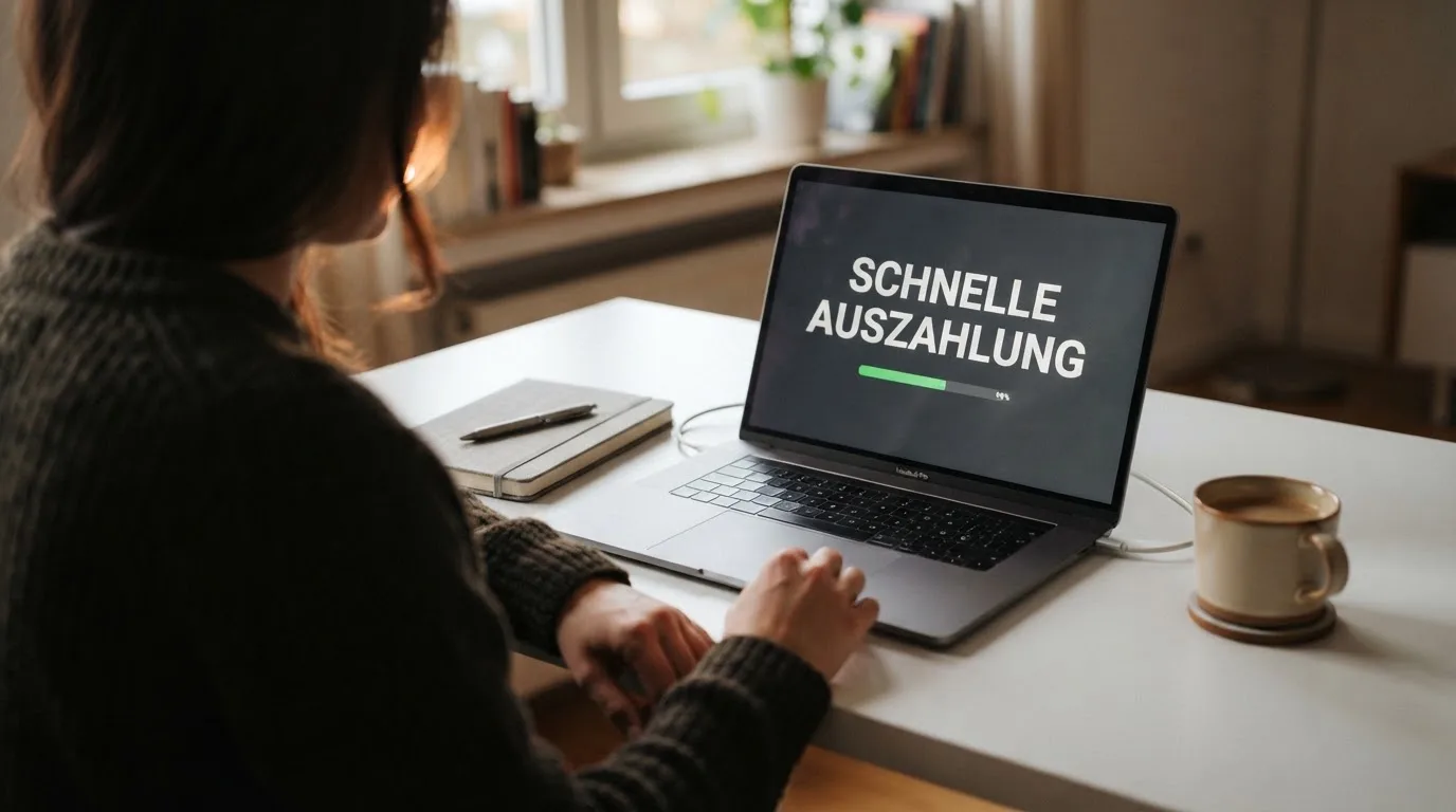 Person am Laptop liest eine Übersichtsseite zu Glücksspielen im Internet — beste casino mit schneller auszahlung