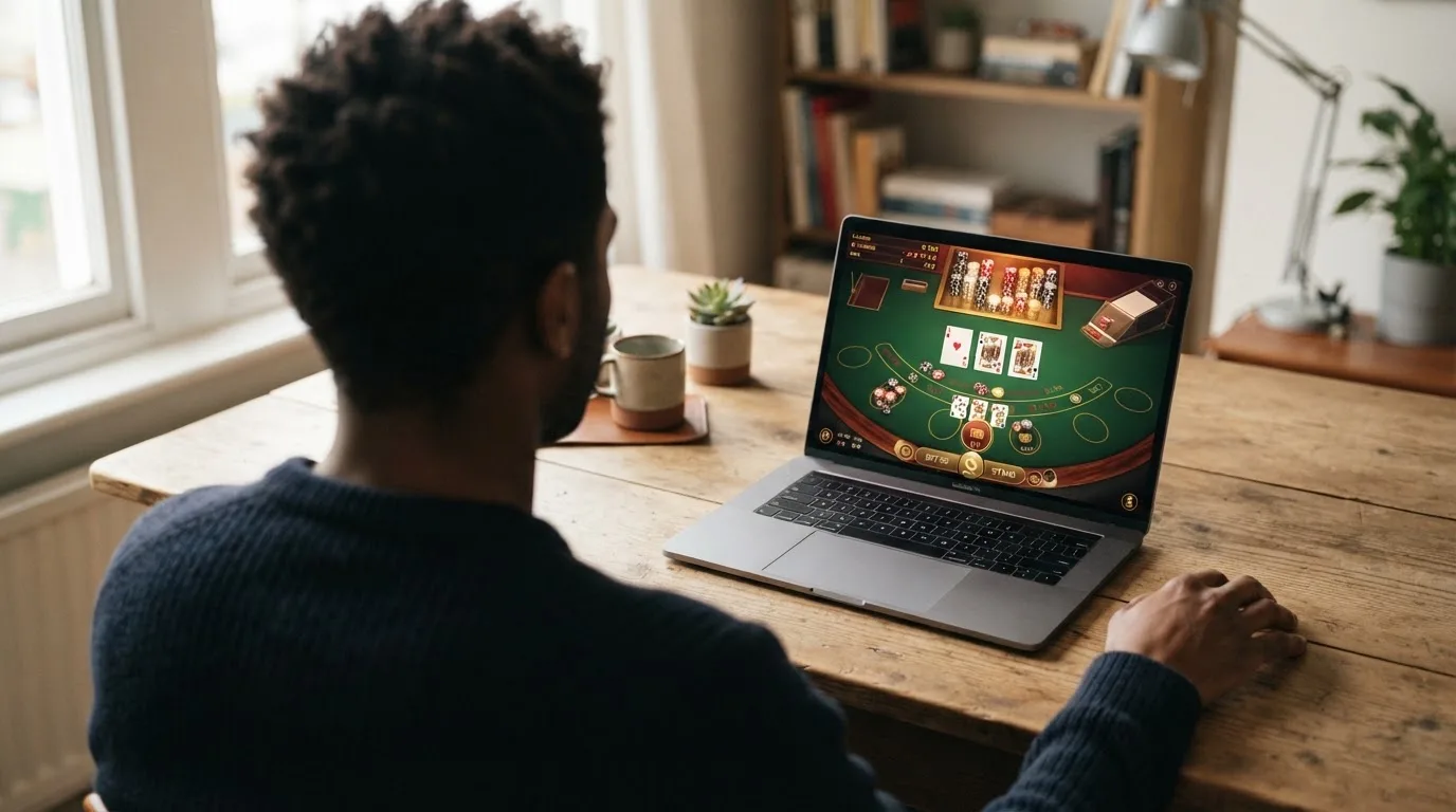 Person am Laptop liest eine Übersichtsseite zu Glücksspielen im Internet — beste casino ohne verifizierung auszahlen