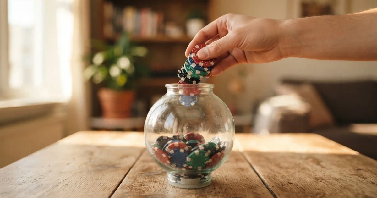 Nahaufnahme einer Hand, die Münzen in ein Sparschwein aus Glas auf einem Holztisch steckt.