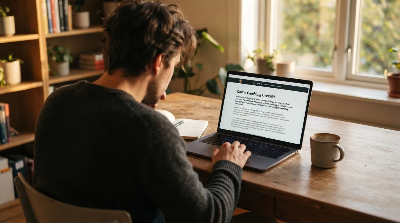 Person am Laptop liest eine Übersichtsseite zu Glücksspielen im Internet — beste live baccarat österreich