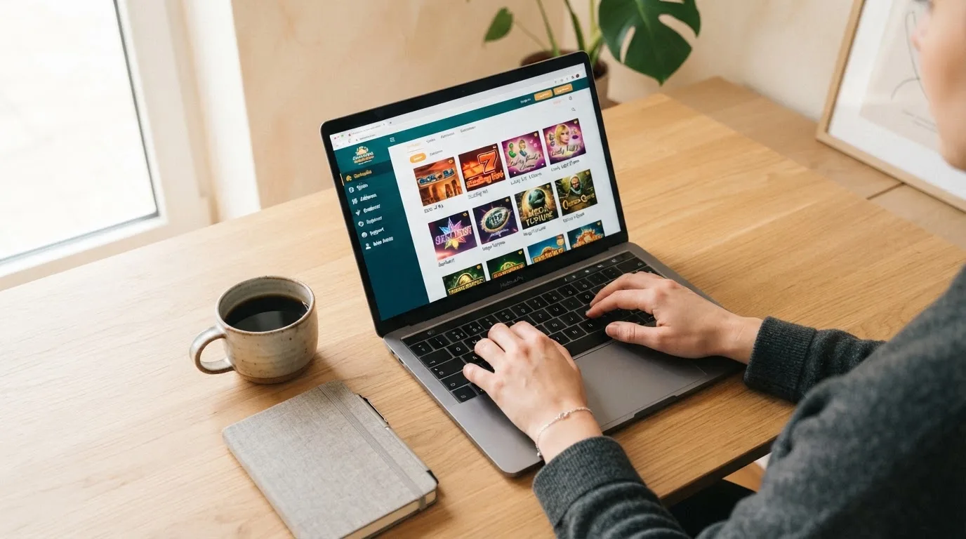 Person am Laptop liest eine Übersichtsseite zu Glücksspielen im Internet — beste online casino ausland