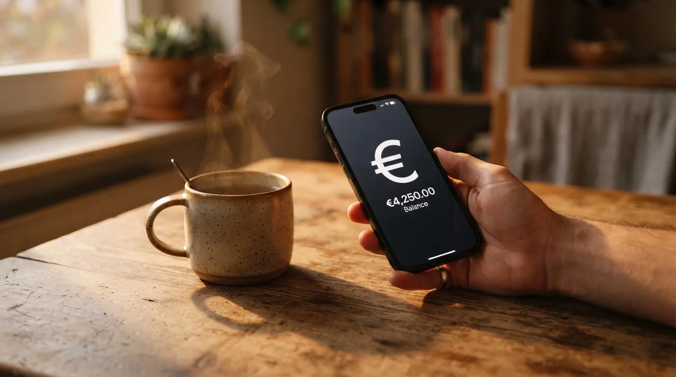 Hand hält ein Smartphone, daneben eine Tasse Tee, ruhige Abendstimmung am Küchentisch — beste online casino ausland
