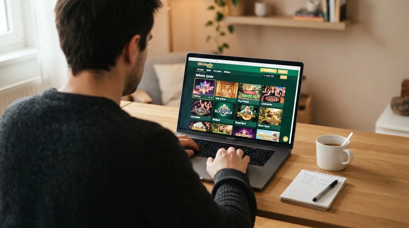 Person am Laptop liest eine Übersichtsseite zu Glücksspielen im Internet — beste online casino echtgeld app