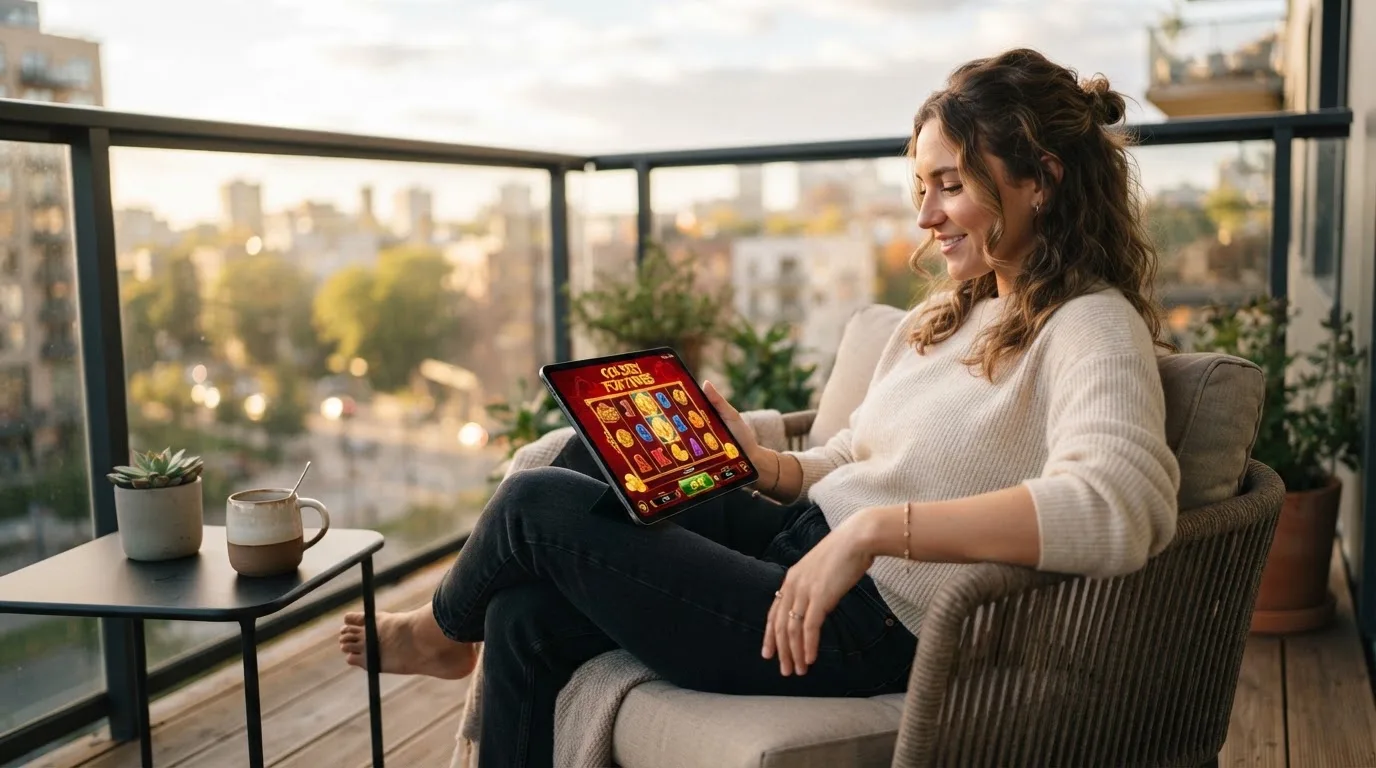 Person sitzt entspannt mit einem Tablet auf dem Balkon eines modernen Apartments.