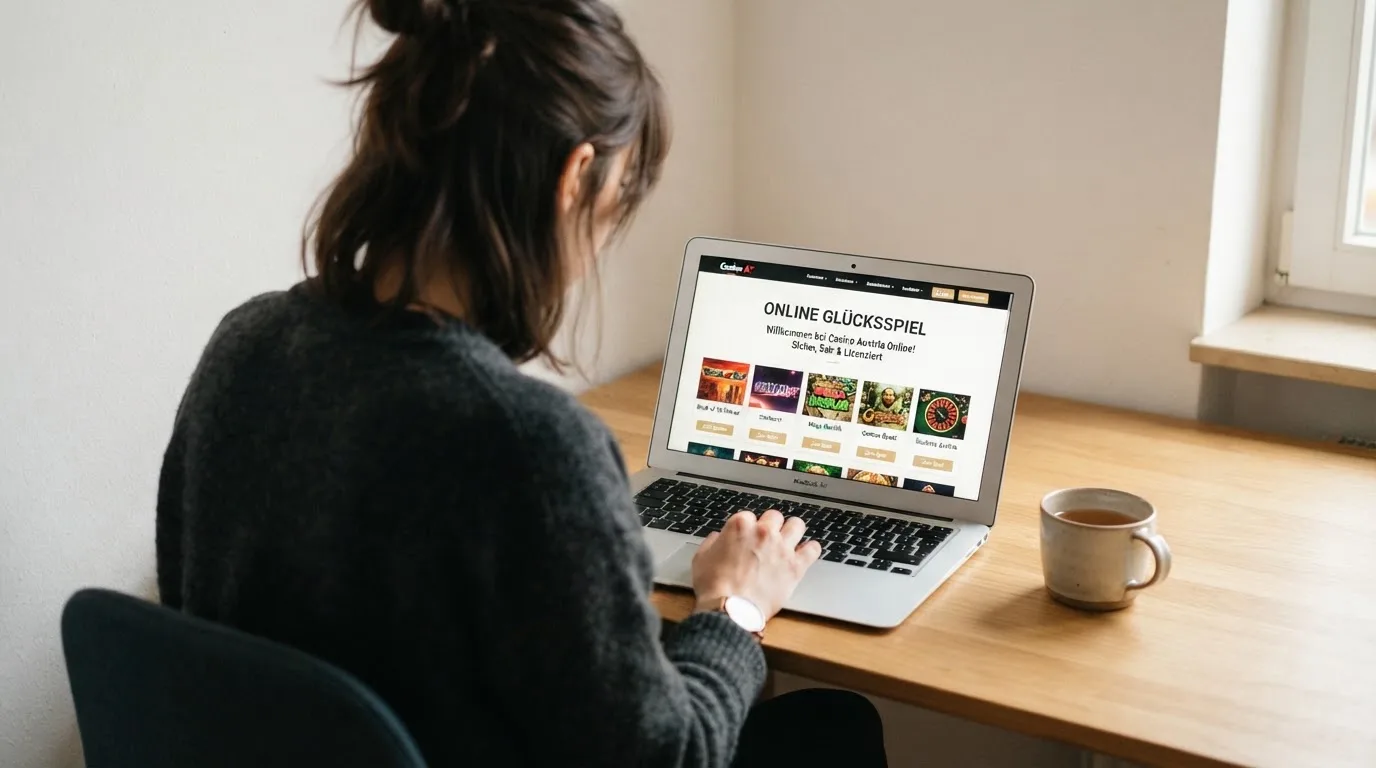 Person am Laptop liest eine Übersichtsseite zu Glücksspielen im Internet — beste online casino mit banküberweisung bezahlen