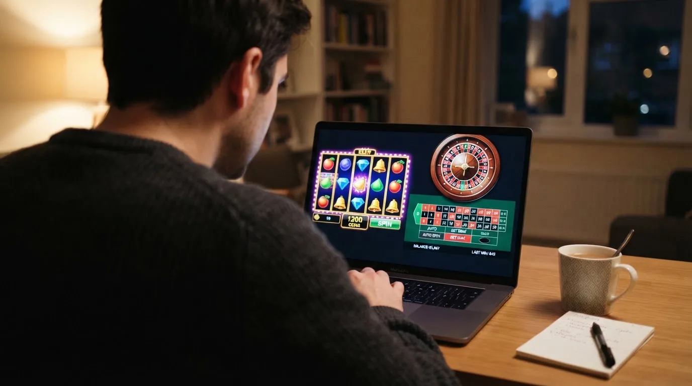 Person am Laptop liest eine Übersichtsseite zu Glücksspielen im Internet — beste online casino mit cashtocode bezahlen
