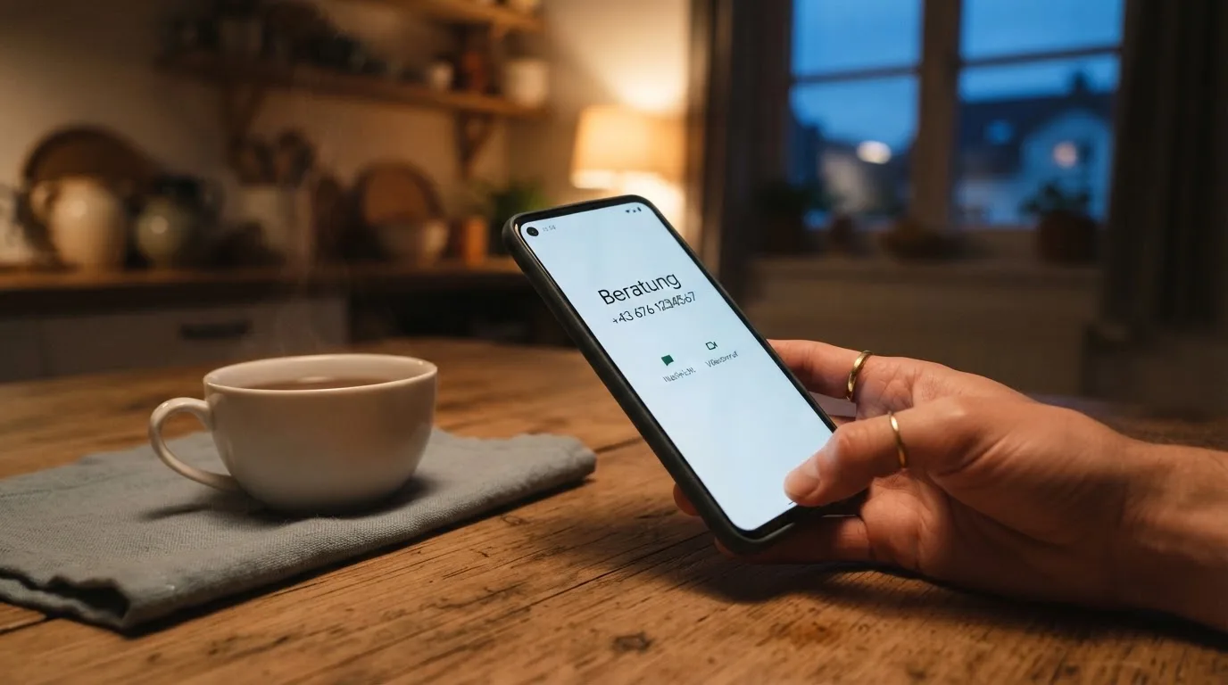 Hand hält ein Smartphone, daneben eine Tasse Tee, ruhige Abendstimmung am Küchentisch — beste online casino österreich