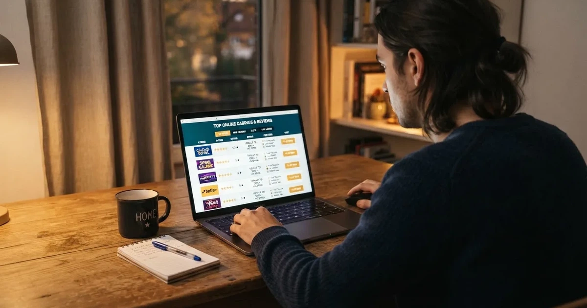 Person am Laptop liest eine Übersichtsseite zu Glücksspielen im Internet — beste online casinos echtgeld