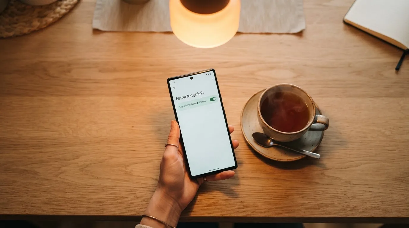 Hand hält ein Smartphone, daneben eine Tasse Tee, ruhige Abendstimmung am Küchentisch — beste online casinos echtgeld
