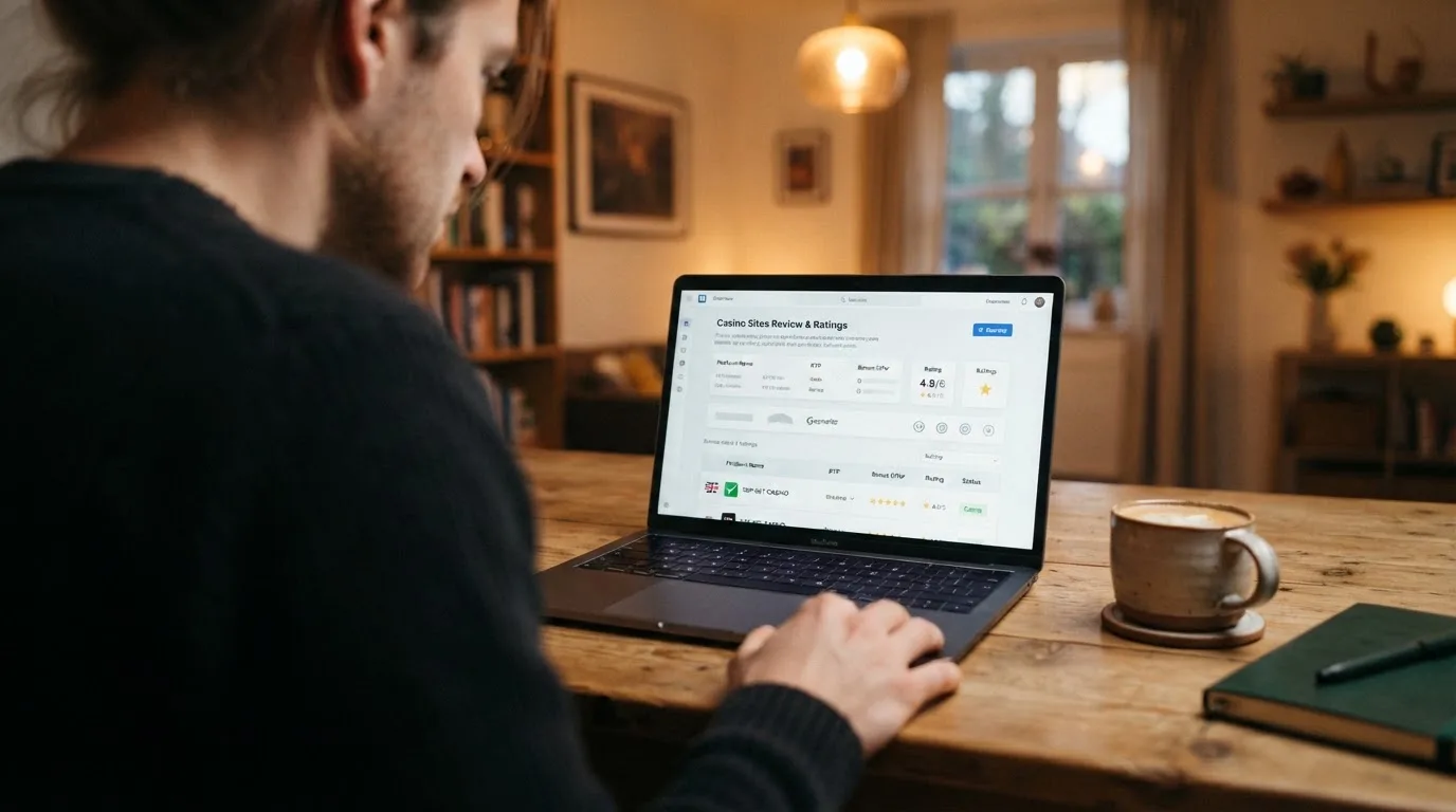 Person am Laptop liest eine Übersichtsseite zu Glücksspielen im Internet — beste online casinos mit österreichischer lizenz