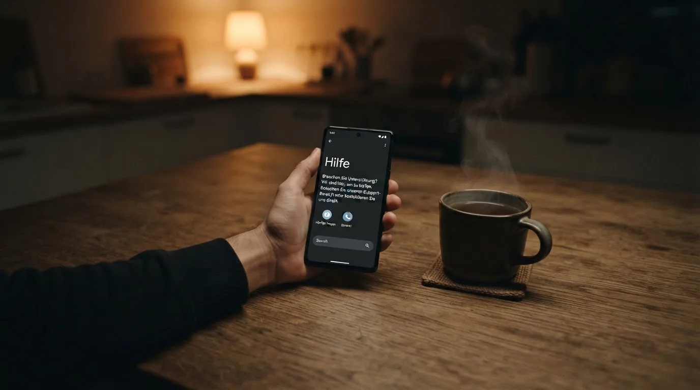 Hand hält ein Smartphone, daneben eine Tasse Tee, ruhige Abendstimmung am Küchentisch — beste online casinos mit österreichischer lizenz