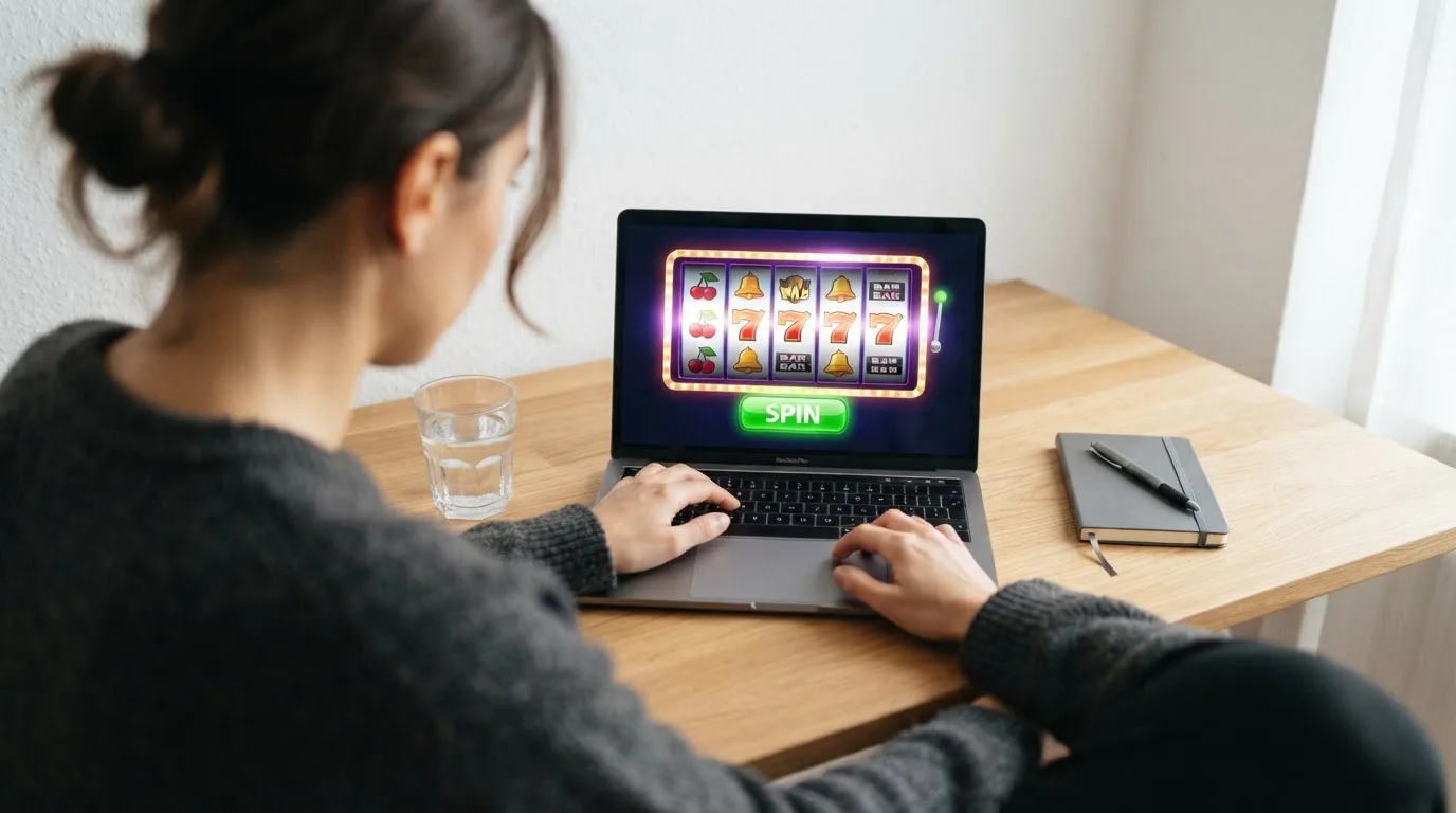 Person am Laptop liest eine Übersichtsseite zu Glücksspielen im Internet — beste online casinos österreich mit no deposit bonus