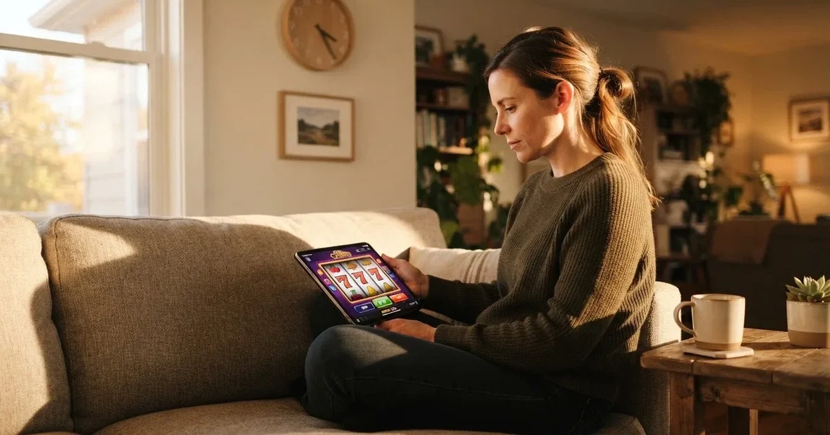 Person am Sofa schaut nachdenklich auf ein Tablet, im Hintergrund eine Uhr — beste online casinos österreich mit no deposit bonus