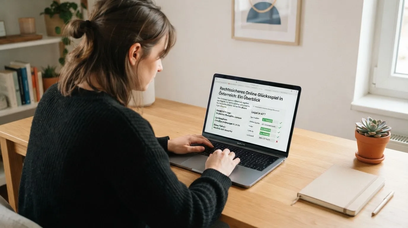 Person am Laptop liest eine Übersichtsseite zu Glücksspielen im Internet — beste online casinos ohne limit