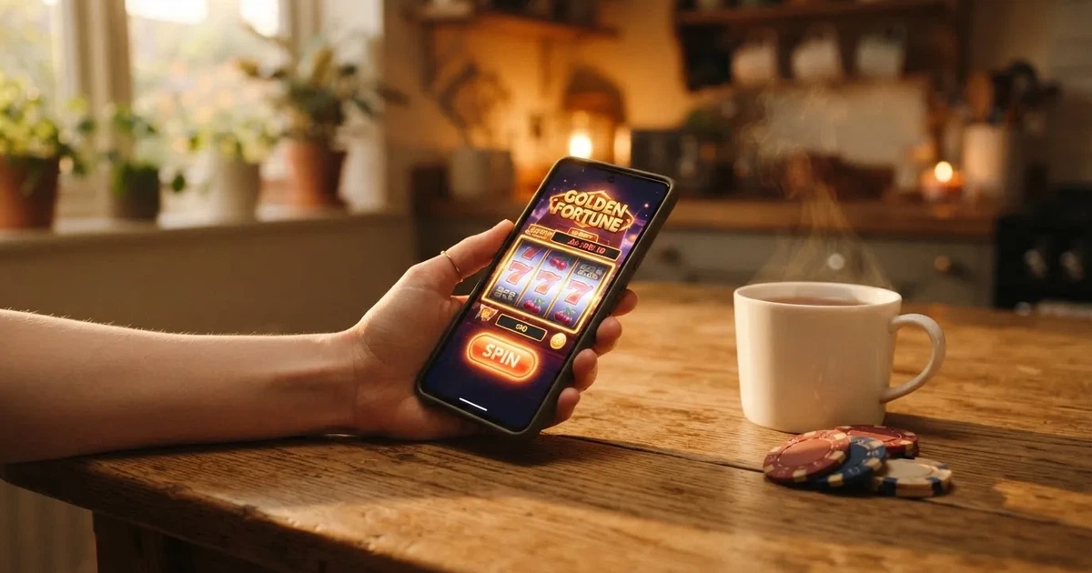 Hand hält ein Smartphone, daneben eine Tasse Tee, ruhige Abendstimmung am Küchentisch — beste online casinos ohne limit