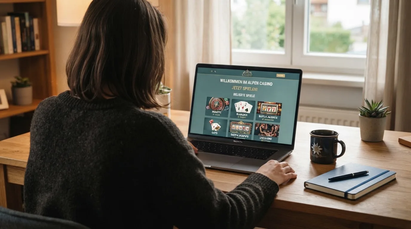 Person am Laptop liest eine Übersichtsseite zu Glücksspielen im Internet — beste online casinos ohne verifizierung