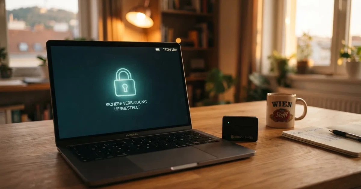 Hardware-Wallet und Laptop auf einem Schreibtisch mit stilisiertem digitalem Schloss — beste online casinos ohne verifizierung