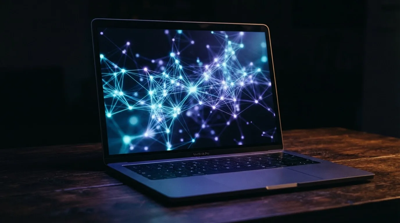 Nahaufnahme eines Laptop-Bildschirms mit abstrakten, leuchtenden Netzwerklinien in einem dunklen Raum.