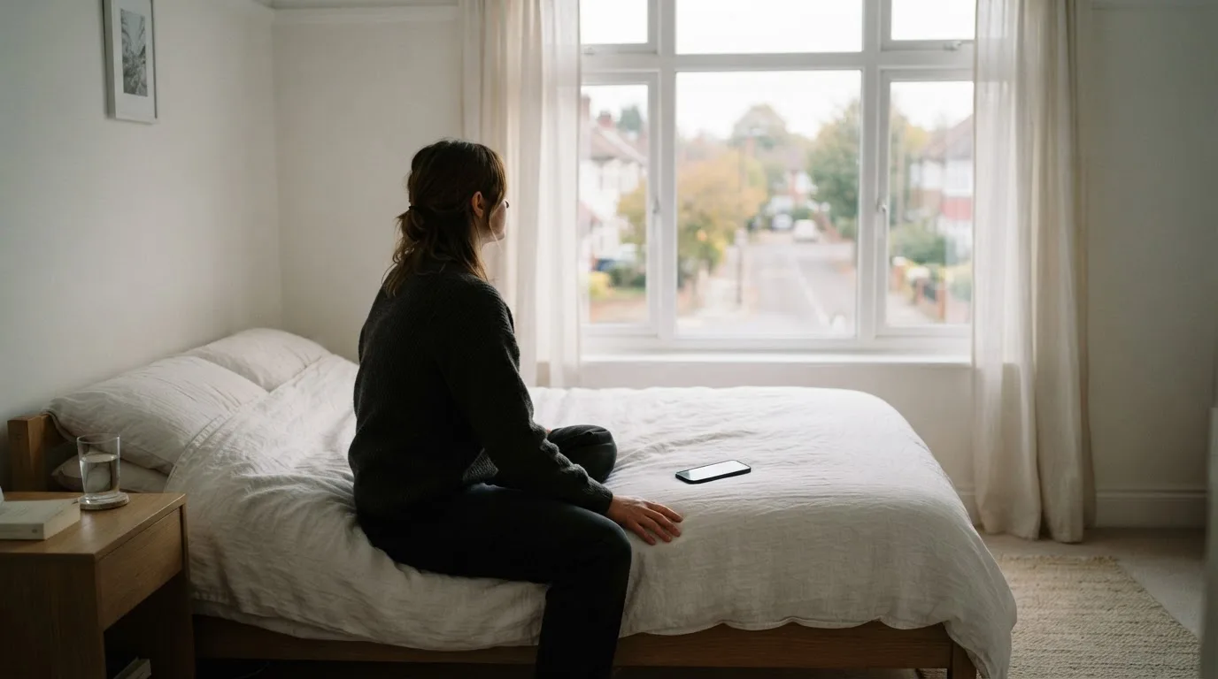 Eine Person legt ihr Smartphone beiseite und blickt nachdenklich aus einem Fenster.