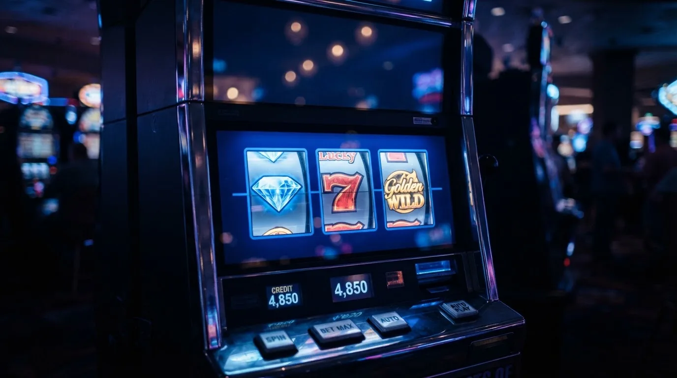 Nahaufnahme eines zweiten Spielautomaten mit anderem Walzenmuster und blauem Neonlicht in einem Kasinoraum.