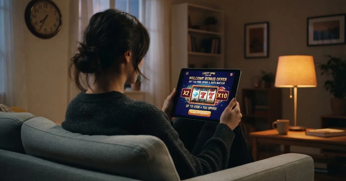 Person am Sofa schaut nachdenklich auf ein Tablet, im Hintergrund eine Uhr — bester willkommensbonus online casino