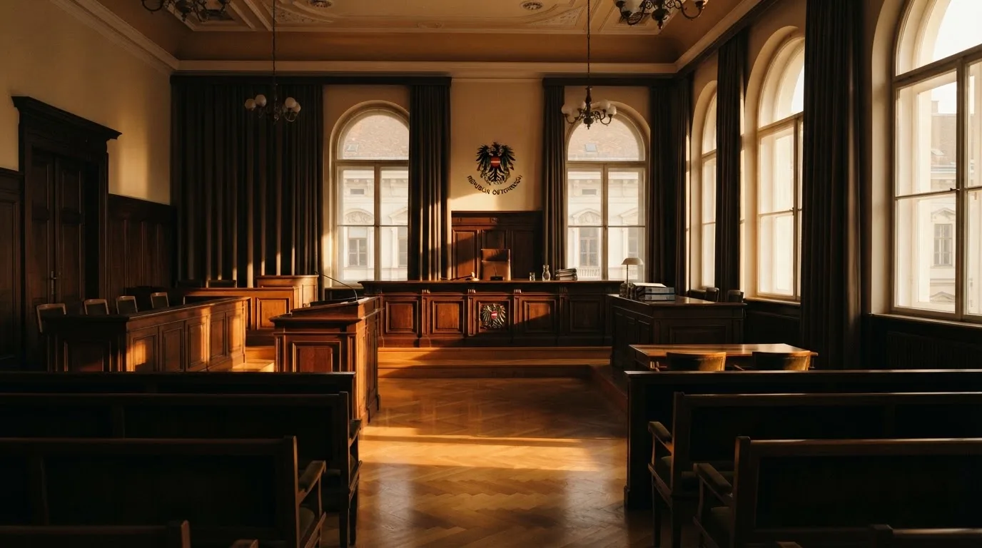 Gerichtssaal mit leerer Richterbank und Holzvertäfelung im Morgenlicht — bester willkommensbonus online casino