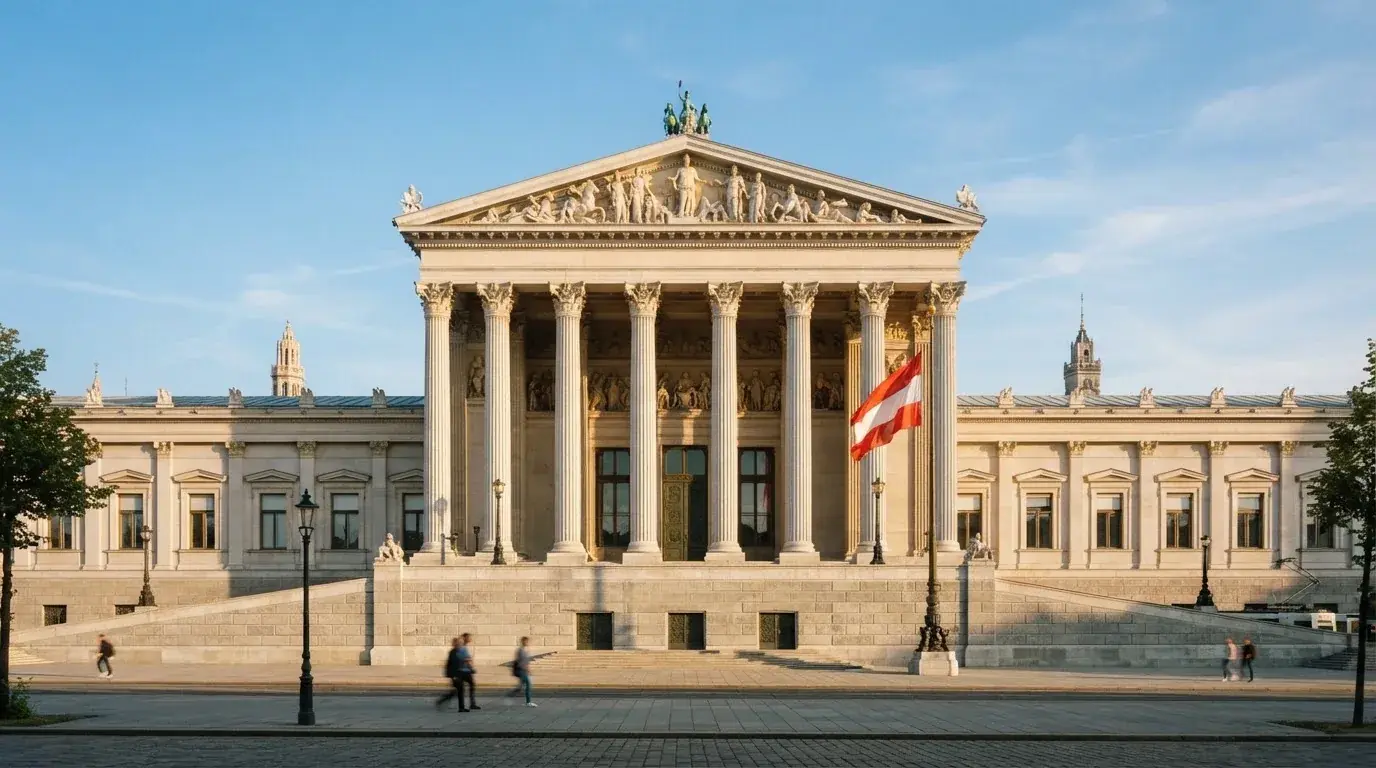 Fassade eines klassizistischen Wiener Amtsgebäudes mit österreichischer Flagge an einem klaren Nachmittag.