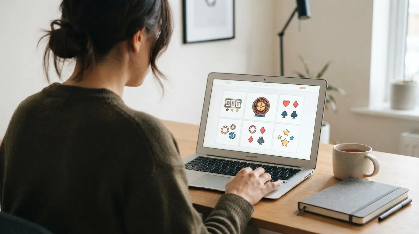 Person am Laptop liest eine Übersichtsseite zu Glücksspielen im Internet — binance coin casino vergleich