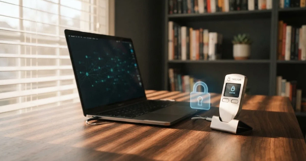 Hardware-Wallet und Laptop auf einem Schreibtisch mit stilisiertem digitalem Schloss — binance coin casino vergleich