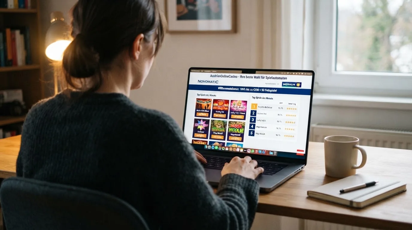 Person am Laptop liest eine Übersichtsseite zu Glücksspielen im Internet — casino bonus ohne einzahlung
